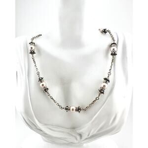 16" 925 Vintage MADIS Sterling Faux Glass Pearl Bead Rhinestone Necklace